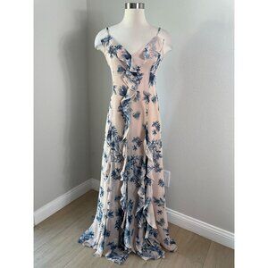 BCBGMaxazria Womens 4 Floral Ruffle Maxi Dress V Neck Sleeveless Gown